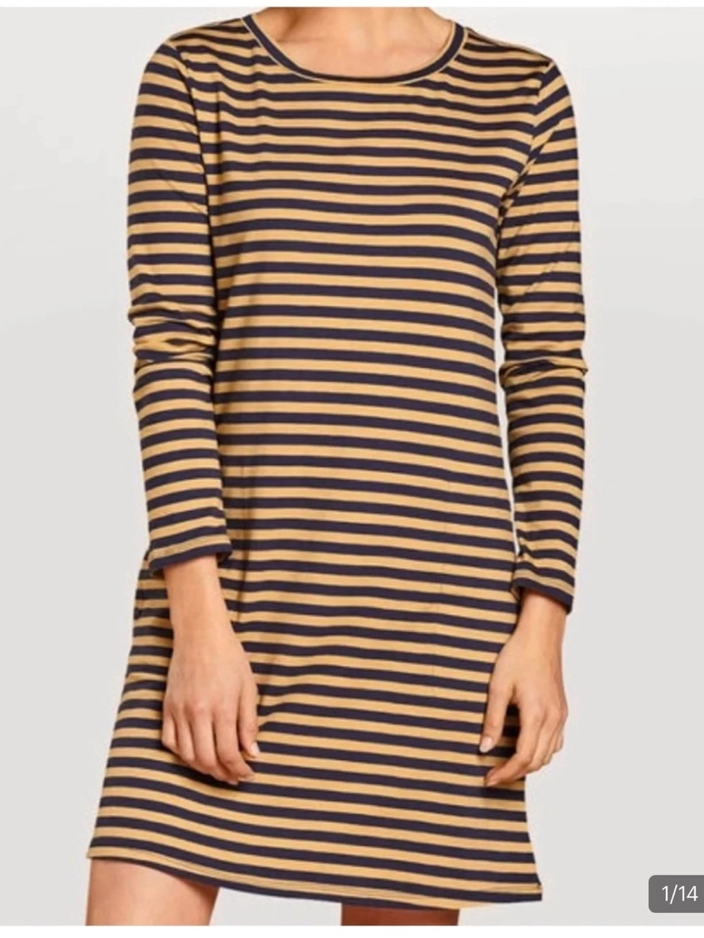 Toad&Co Navy and Tan Striped Long-Sleeve Shift Dress